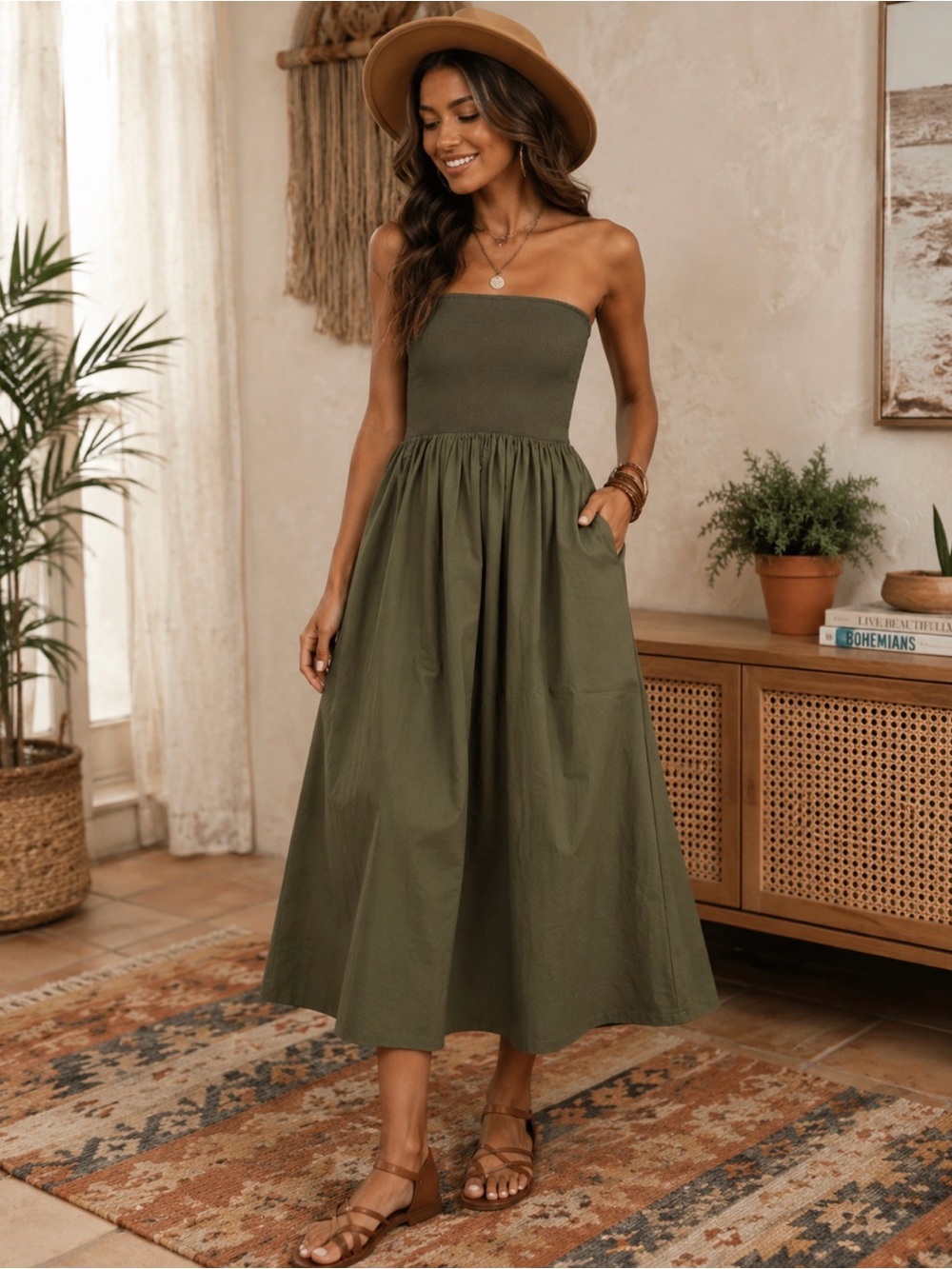 Pistola Mavo Tube Top Dress Strapless Olive Green Midi Dress Sz S